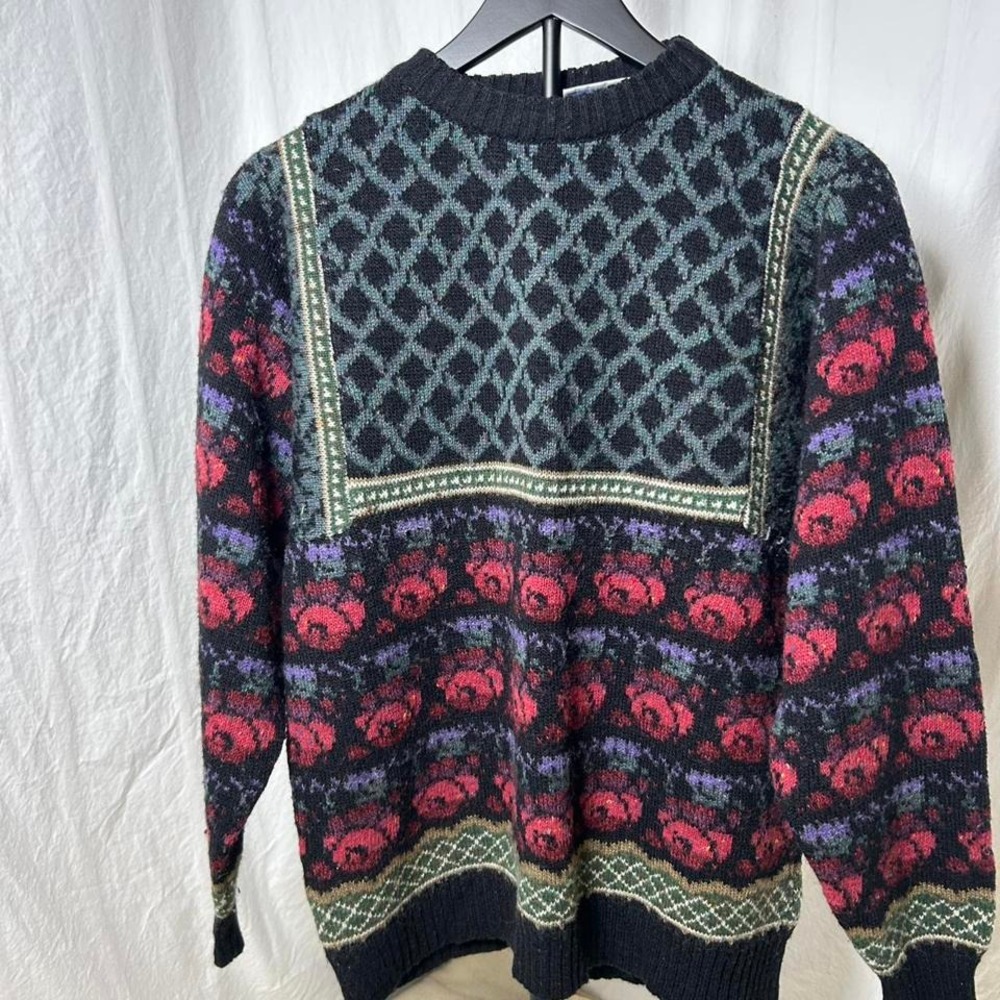 Vintage 1980s‎ Knitted Flora Knit Sweater Lady Floral Wool Grandma Crewneck
